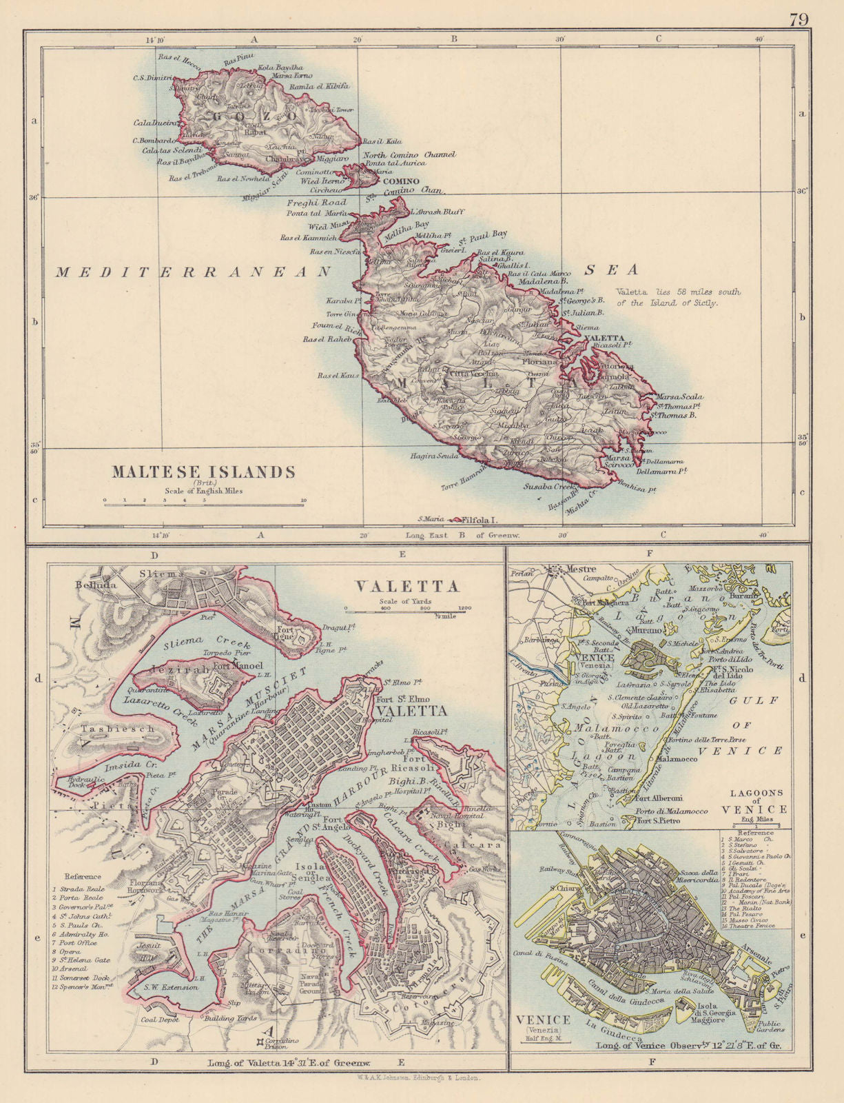 MALTESE ISLANDS & VENICE Valetta & Venezia town plans. Lagoons JOHNSTON 1901 map
